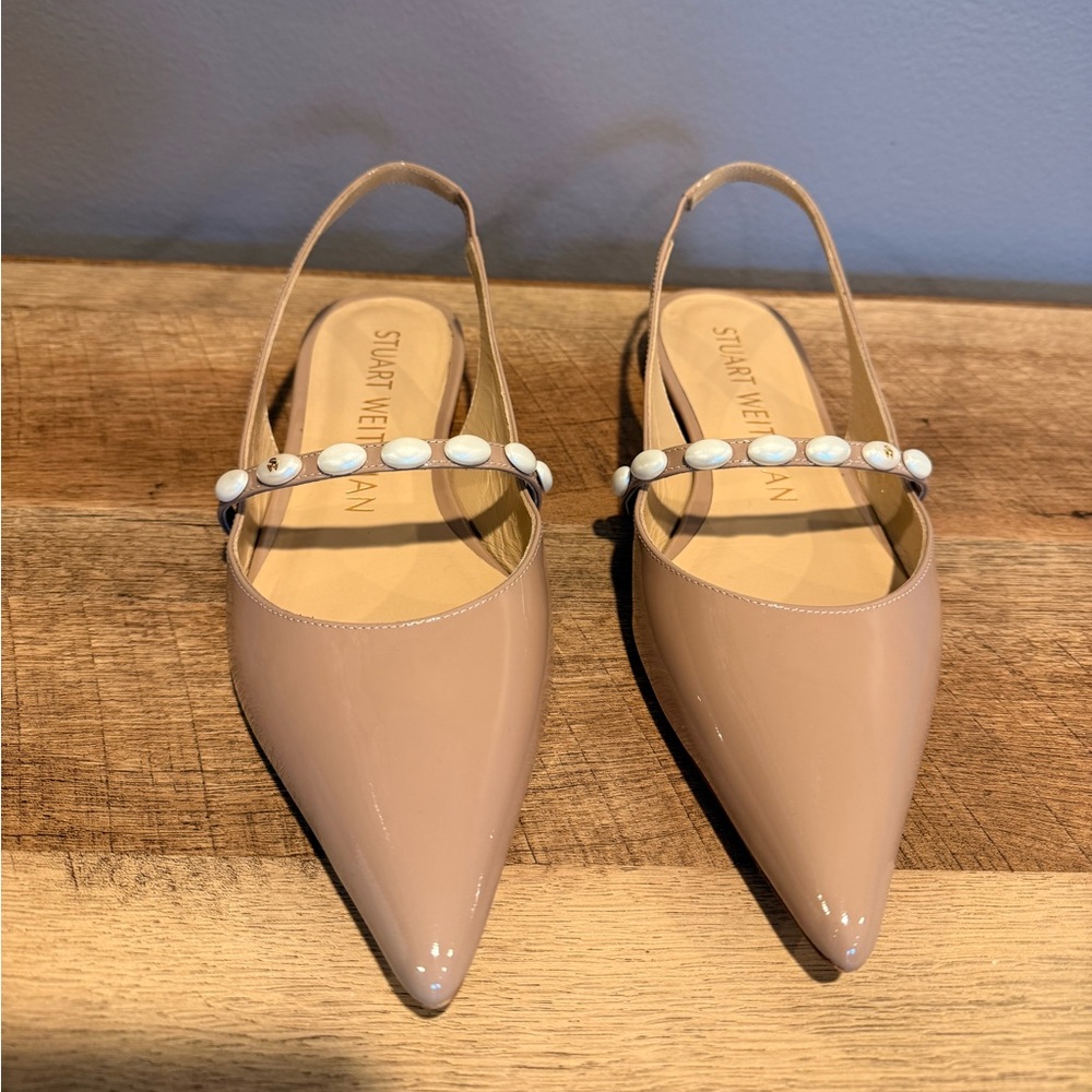 Stuart Weitzman Blush Patent Pointed Slingback Flats with Pearl Strap